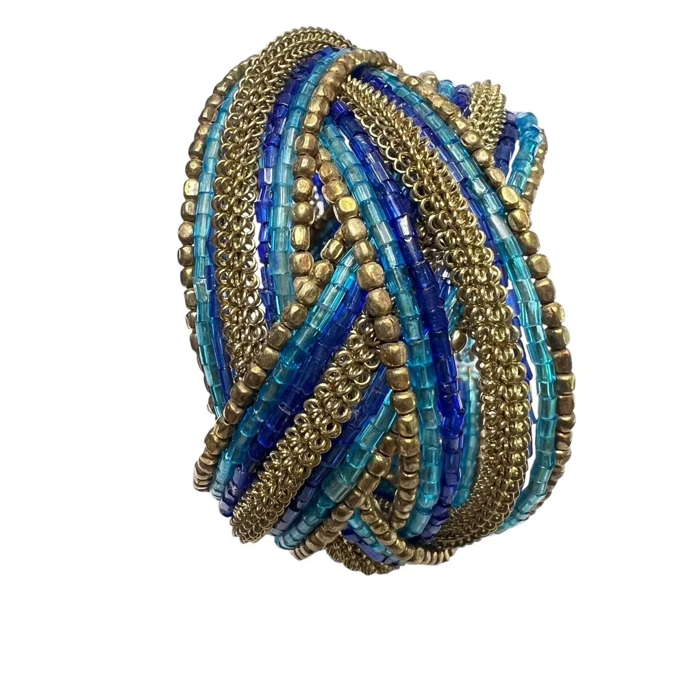 Beaded Cuff Bracelet Blue Gold Tone Statement‎ Bohemian Fashion Jewelry